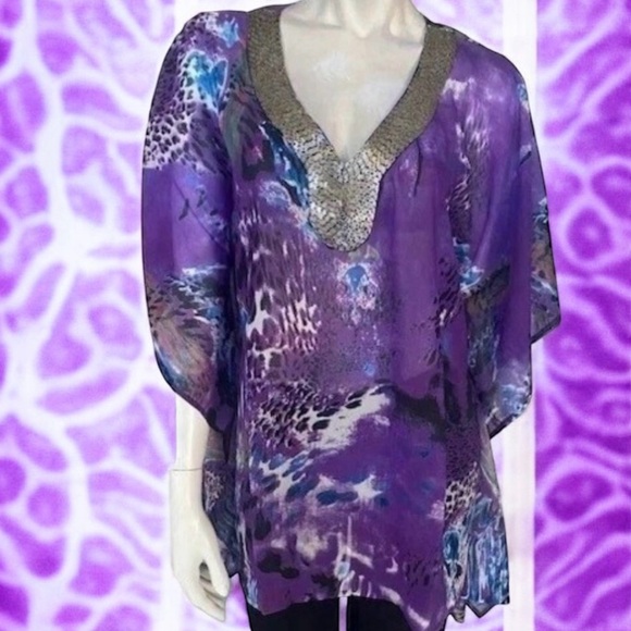 Joan Boyce Purple Printed Chiffon Tunic V-Neck w/Silver Beaded Trim Missy NWT$99 - Picture 8 of 13